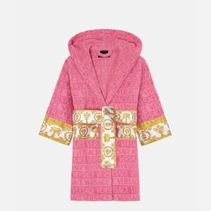 Versace Pink Hooded Short Bathrobe with Gold Accents